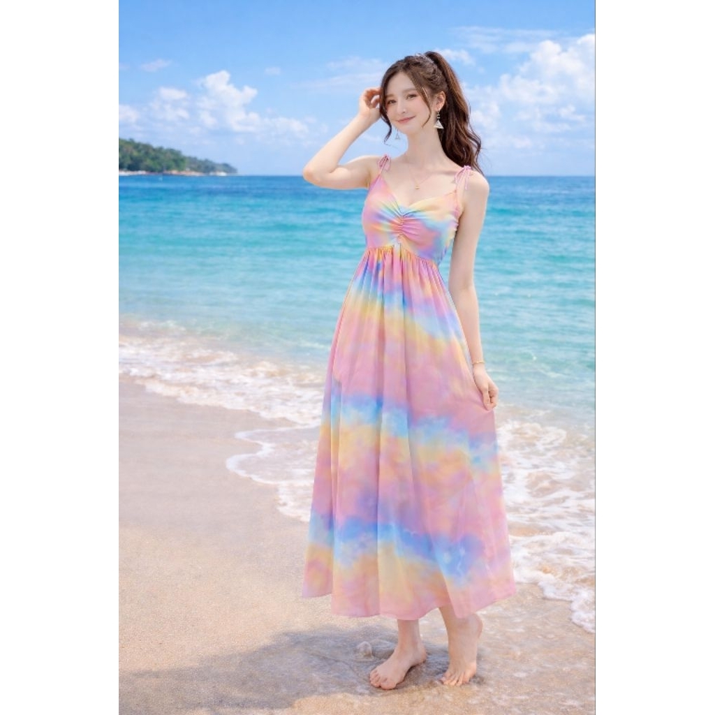 ชุดมัดย้อมสีสวยสดใส ผ้าพริ้ว ใส่สบายไม่ร้อนเอวแบบผูกปรับได้