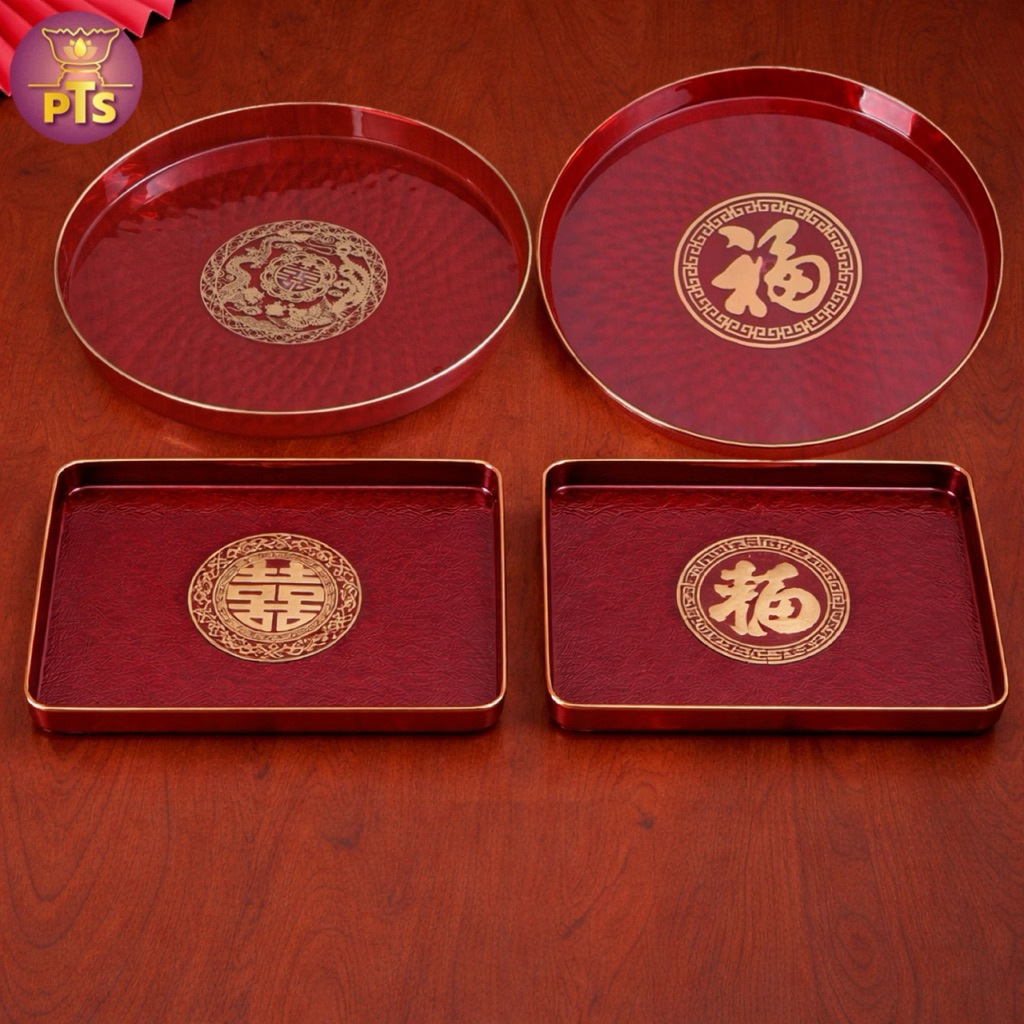 (แดงใส) ถาดแดง พลาสติกใส ขนาดใหญ่ ขอบทอง ถาดน้ำชา ถาดใส่ของไหว้ ถาดแดงใสใหญ่
