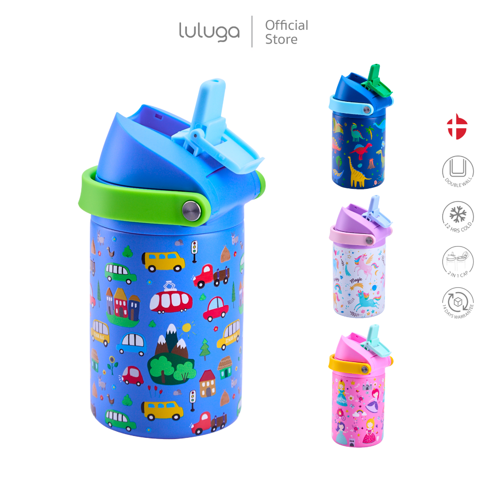 กระติกน้ำเด็ก LULUGA กระติกน้ำเก็บอุณหภูมิ ระบบสุญญากาศ 18/8 stainless steel 360 ml ดีไซน์ 2in1 หลอดดูดและยกดื่ม
