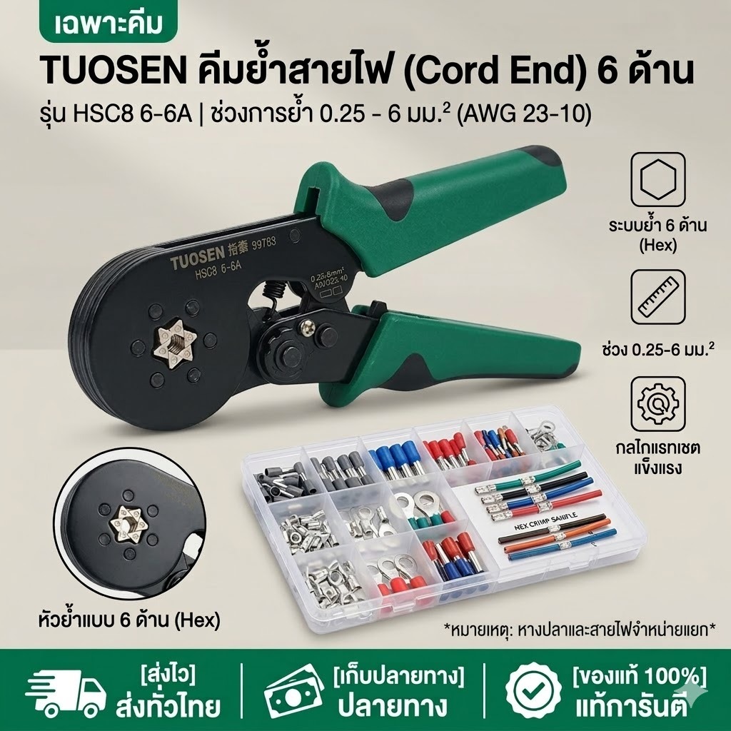 คีมย้ำสายไฟ TUOSEN คีมย้ำหางปลากลม 4-6 ด้าน คีมย้ำคอร์ดเอ็น CORD END