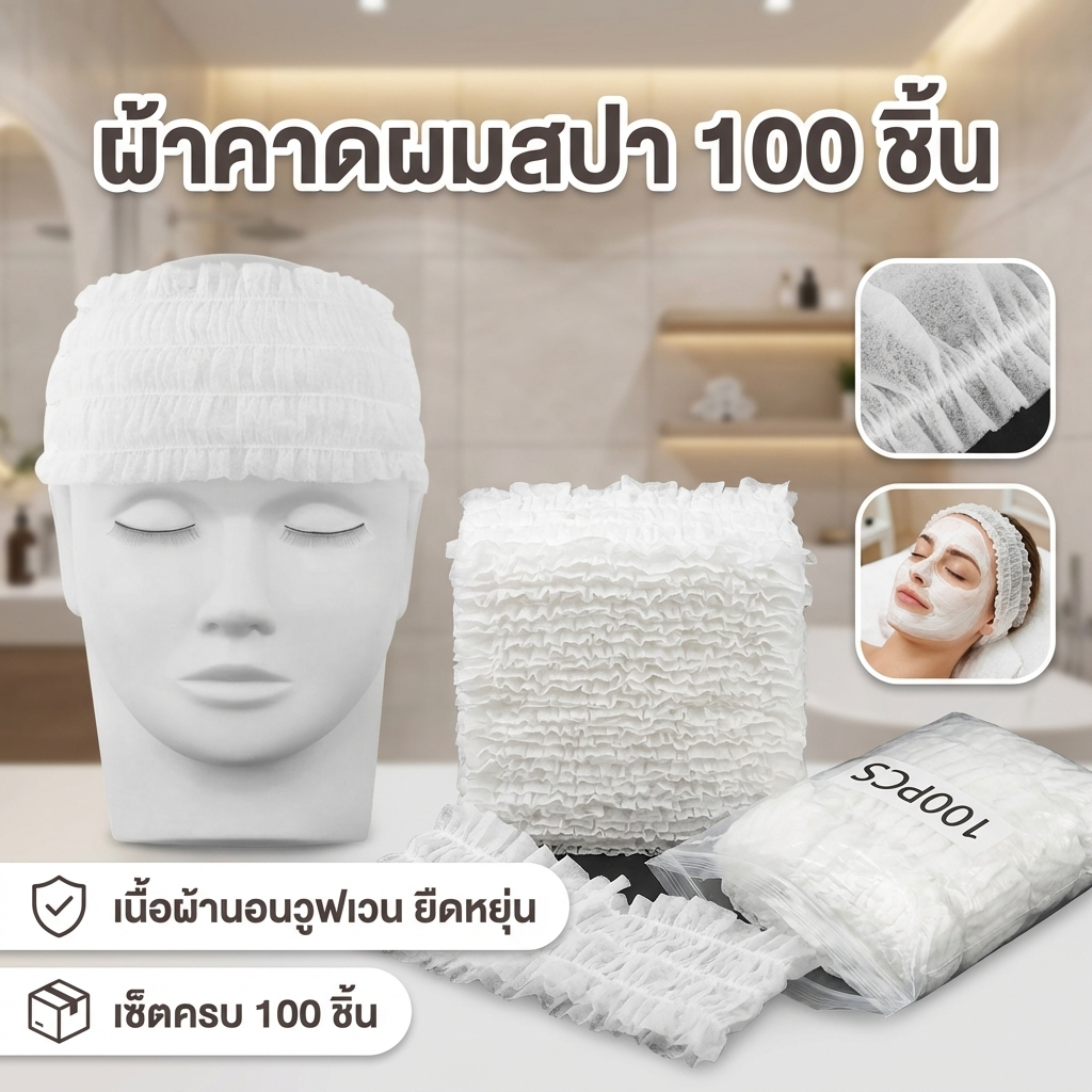 ผ้าคาดผมสปา ที่คาดผมใช้ซ้ำได้ 100 ชิ้น เนื้อผ้าไม่ทอนุ่ม กันน้ำ สำหรับสปา แต่งหน้า หรือล้างหน้า อุปกรณ์เสริมความงาม