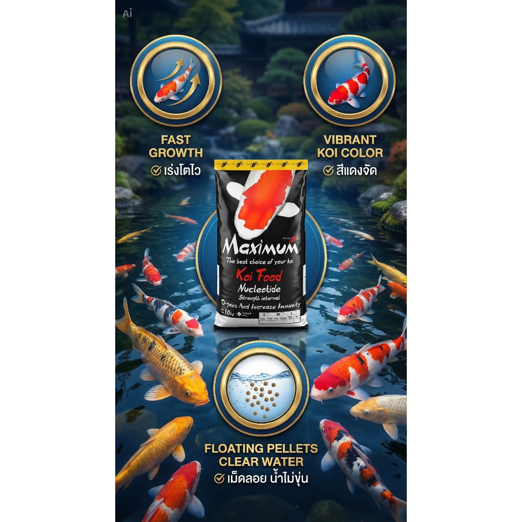 อาหารปลาคาร์ฟ  Maximum Koi Pro Growth & Color Formula  10 กิโลกรัม (กดสั่งครั้งละ1ถุง)