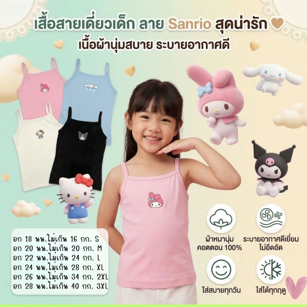 เสื้อสายเดี่ยวเด็ก เสื้อซับใน นุ่มระบายอากาศได้ดี ไซส์ 1-11 ปี 10-40 กิโลกรัม