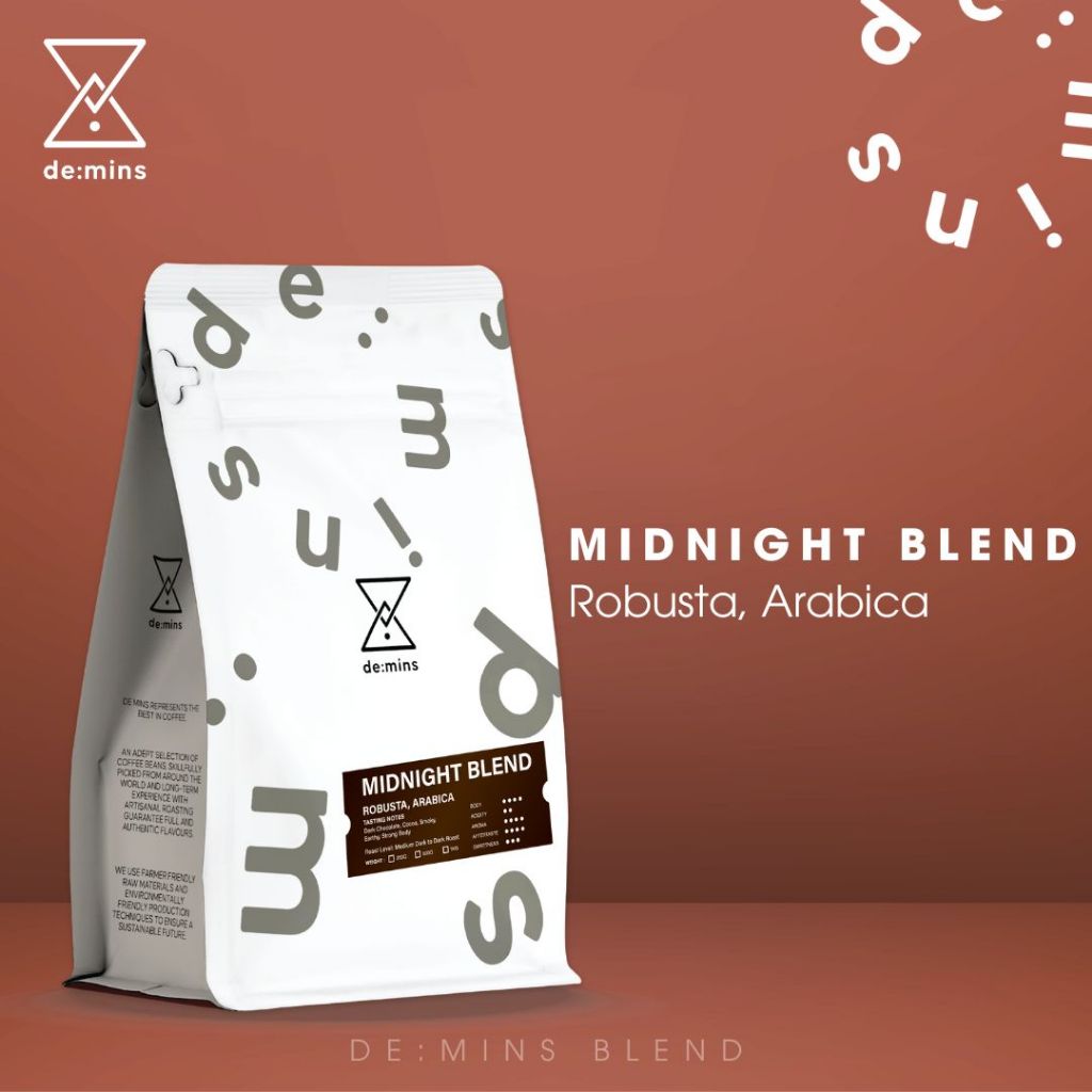 De:mins Midnight Blend เมล็ดกาแฟRobusta x Arabica คั่วกลางค่อนเข้ม - เข้ม(Medium Dark to Dark)