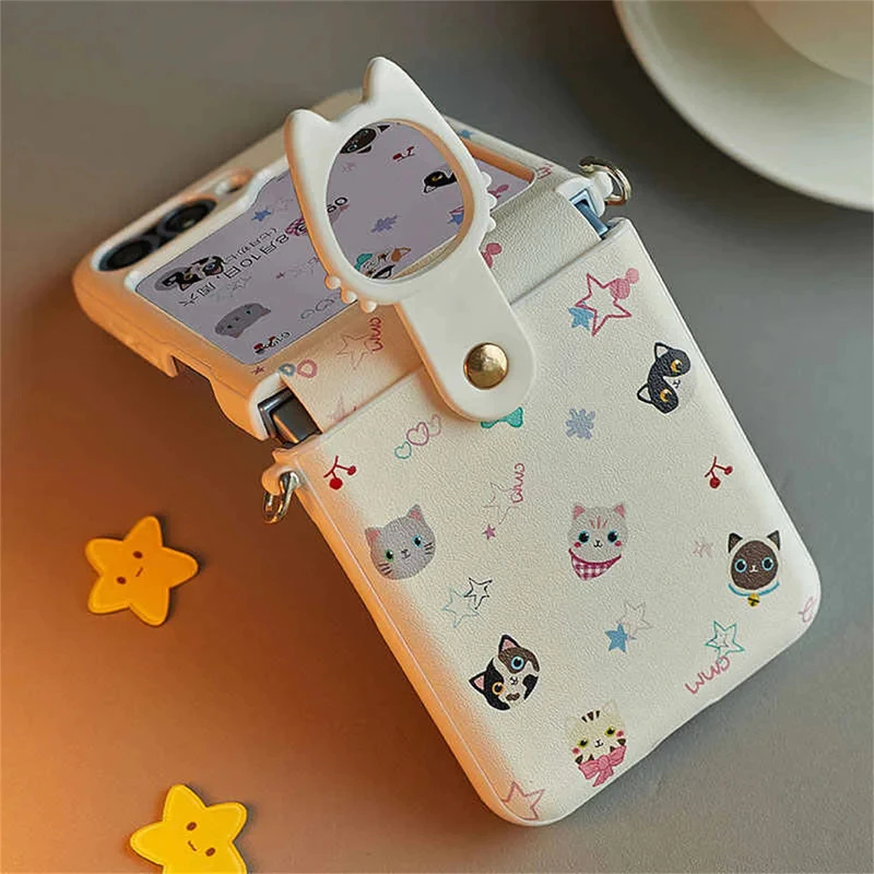 เคสโทรศัพท์หนังสีขาว แมวน่ารัก แฟชั่นเกาหลี อินสตา แบบเต็มจอ พร้อมวงแหวน สำหรับ Samsung Galaxy Z Fli