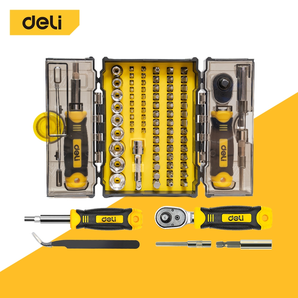 Deli ชุดไขควงและบล็อก 78-in-1 ชุดไขควงมัลติฟังก์ชัน ดอก Cr-V พร้อมกล่อง 2 ชั้น ด้ามเฟือง งานซ่อมบ้าน Repair Tool Set
