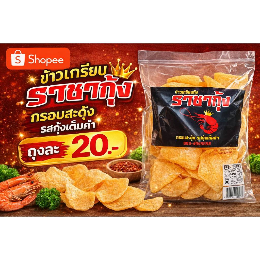 [เหลือ 0.- บาท ใส่โค้ด SUN315WB] ข้าวเกรียบกุ้งราชากุ้ง​ กรอบสะดุ้ง รสกุ้งเต็มคำ