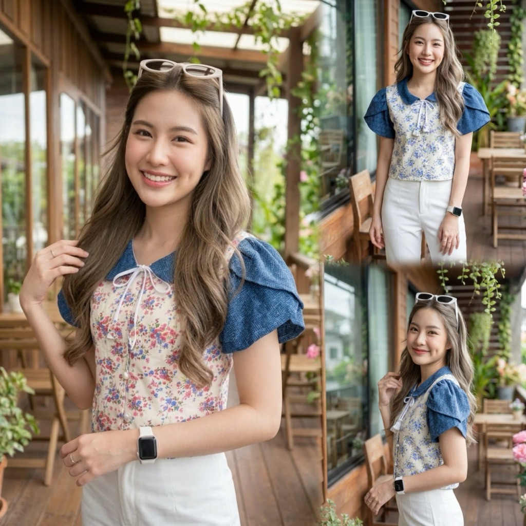 เสื้อพื้นเมืองผู้หญิงคอบัว แขนกลีบบัว ผ้าหม้อฮ่อมลายเกล็ดเต่าสลับลายดอก