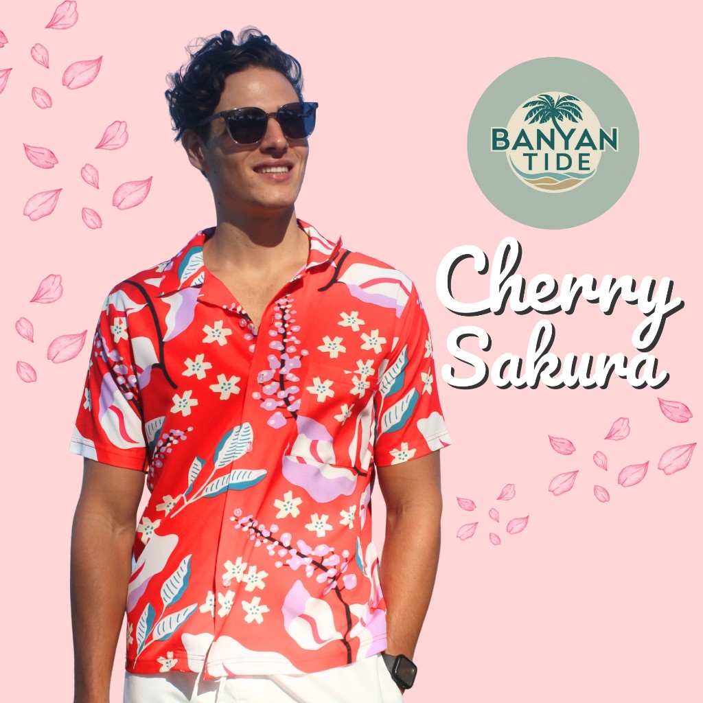 Banyan Tide Men's Red Cherry Sakura Hawaiian Floral Shirt with Pocket Made in Thailand เสื้อลายดอก