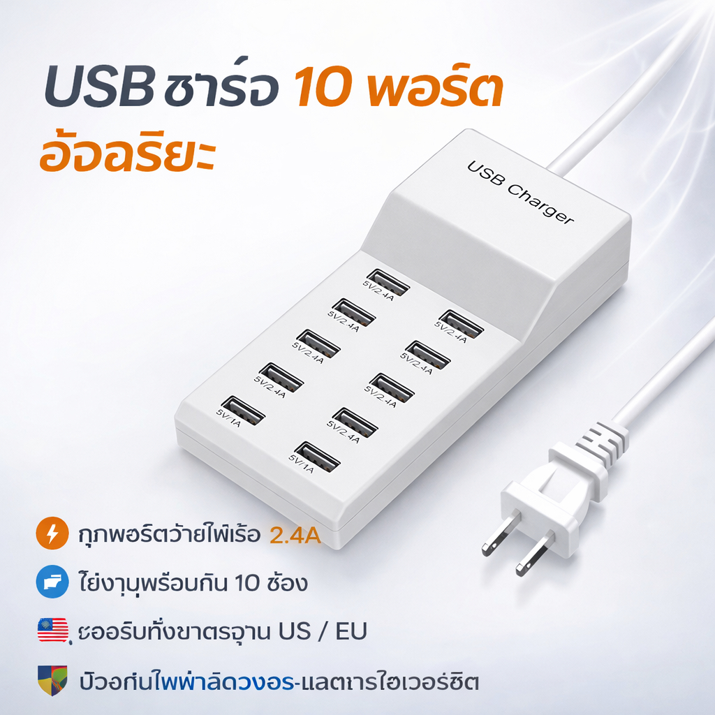 10 Port USB Charger ชาร์จเร็วอัจฉริยะ รองรับหลายอุปกรณ์ ปลอดภัย พกพาสะดวก สำหรับมือถือ แท็บเล็ต สำหรับบ้านและสำนักงาน