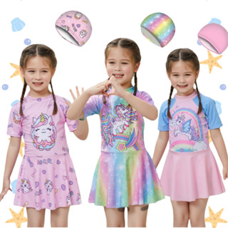 รูปแบบการ์ตูนน่ารัก ชุดว่ายน้ำหญิง + หมวกว่ายน้ำ ชุด 2 ชิ้น …