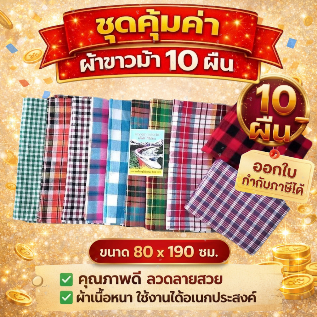 ผ้าขาวม้า ผ้าขาวม้าตรารถไฟ ผ้าขาวม้าเย็บริม ขนาด 80x190cm คละสี คละลาย จำนวน10ผืน ราคาพิเศษ