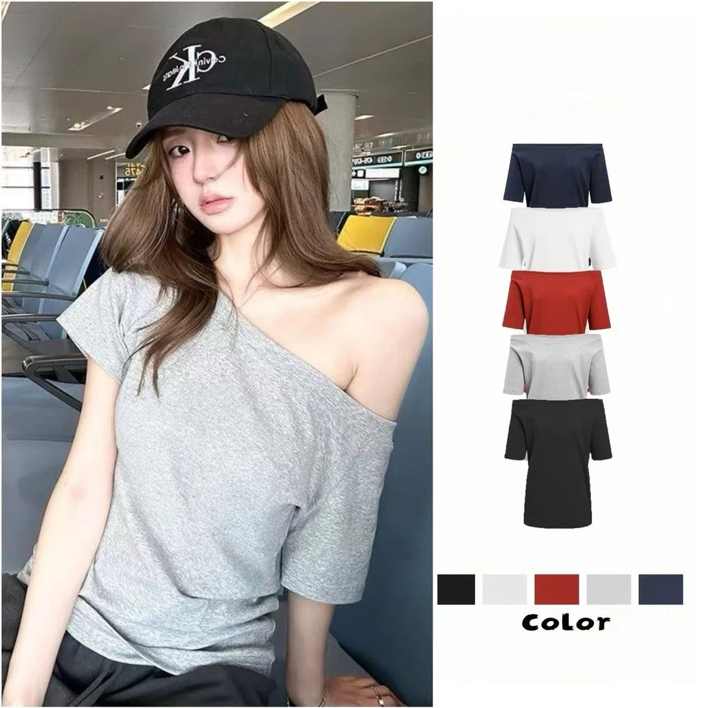 KKS 🚀พร้อมส่ง🚀เสื้อยืดผู้หญิง แขนสั้น เปิดไหล่ ผ้าคอตตอน ทรงหลวม เซ็กซี่ ใส่สบาย สีเทา สีดำ สีขาว #070