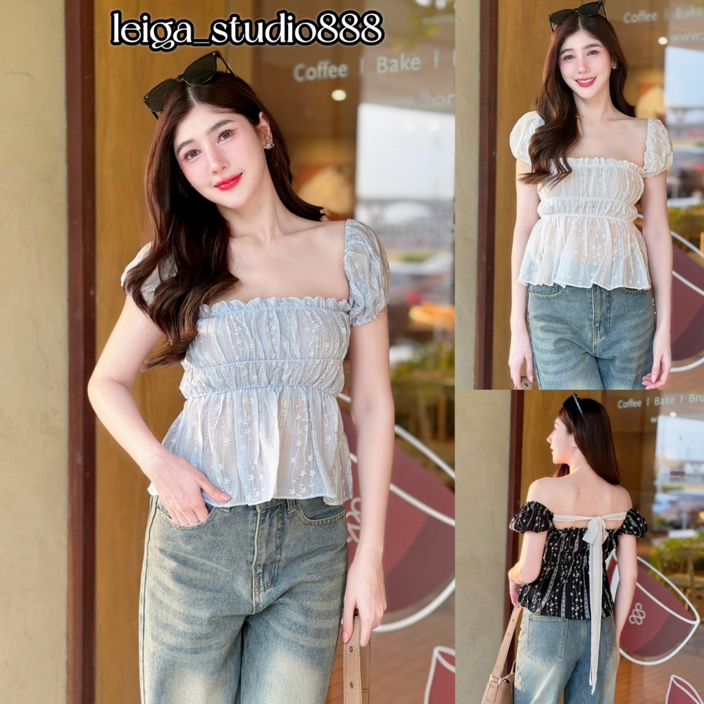 เสื้อแฟชั่น ผ้าโรซี่พิมลาย แขนตุ๊กตา อก-เอวแต่งสม๊อค ดีเทลสายผูกโบว์หลัง น่ารักๆ สายคาเฟ่  ใส่แมท LG150