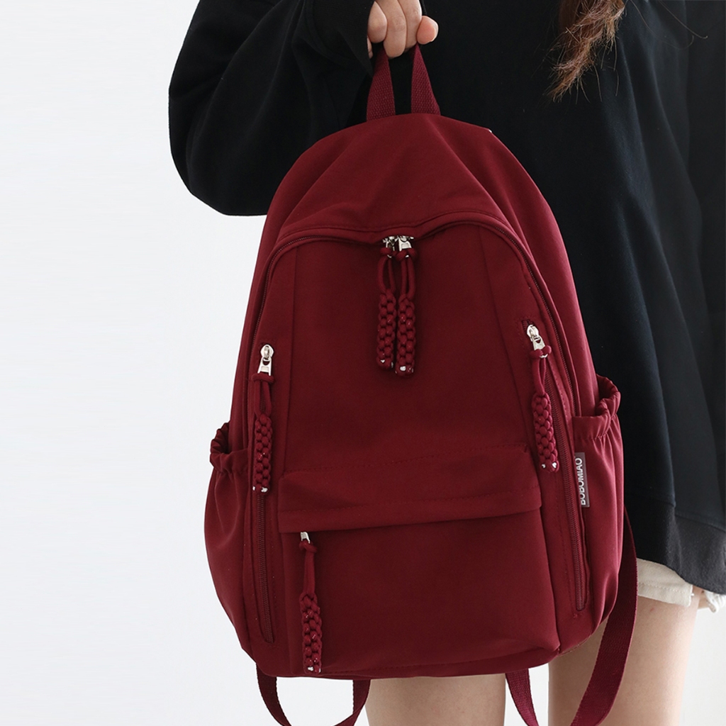 FOXER กระเป๋าเป้ผ้าแคนวาสนักเรียนเบา สีแดงไวน์ ใส่แท็บเล็ตโน้ตบุ๊คได้ กระเป๋าเป้สำหรับใช้ประจำวัน