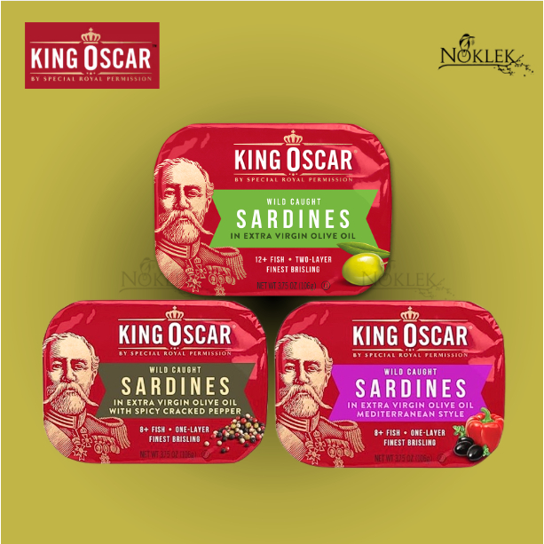 KING OSCAR ปลาซาร์ดีนจากนอร์เวย์ ในน้ำมันมะกอก 3 สูตร ขนาด 106 กรัม