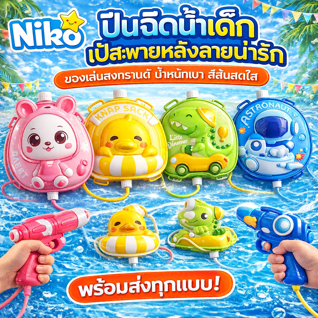 NIKO ปืนฉีดน้ำเด็ก แบบเป้สะพายหลัง 2000ml ลายการ์ตูน ปรับสายได้ ของเล่นเล่นน้ำช่วงสงกรานต์ มีหลายแบบให้เลือก