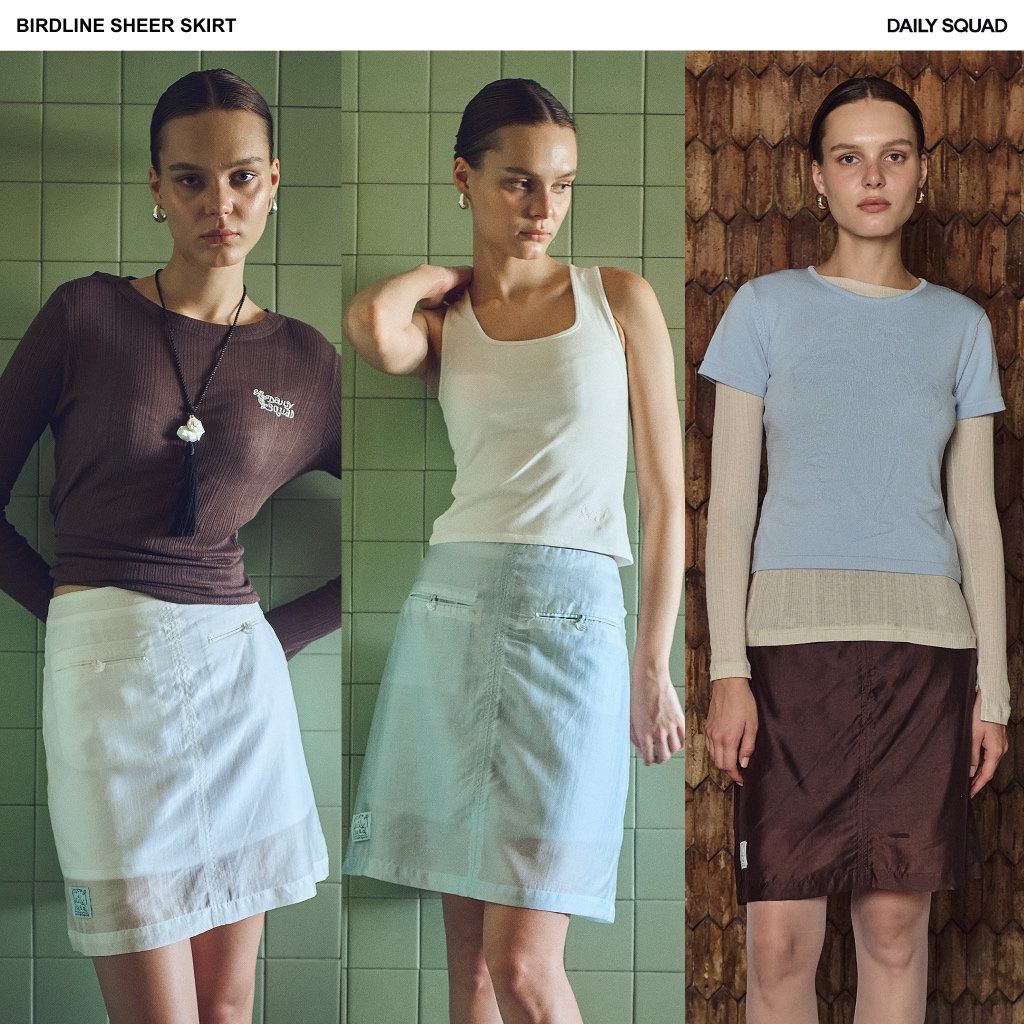 DAILY SQUAD - Birdline Sheer Skirt ตัดเย็บจากผ้า silk satin พร้อมผ้า sheer ด้านนอก เพิ่มมิติและความพลิ้วไหว แต่งกระดุมนก