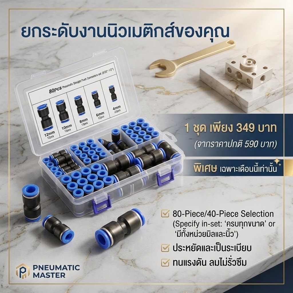 NOTA ชุดขั้วต่อนิวเมตริก แบบตรง 80ชิ้น 5 ขนาด ข้อต่อท่อลม สายลม (พร้อมส่ง)