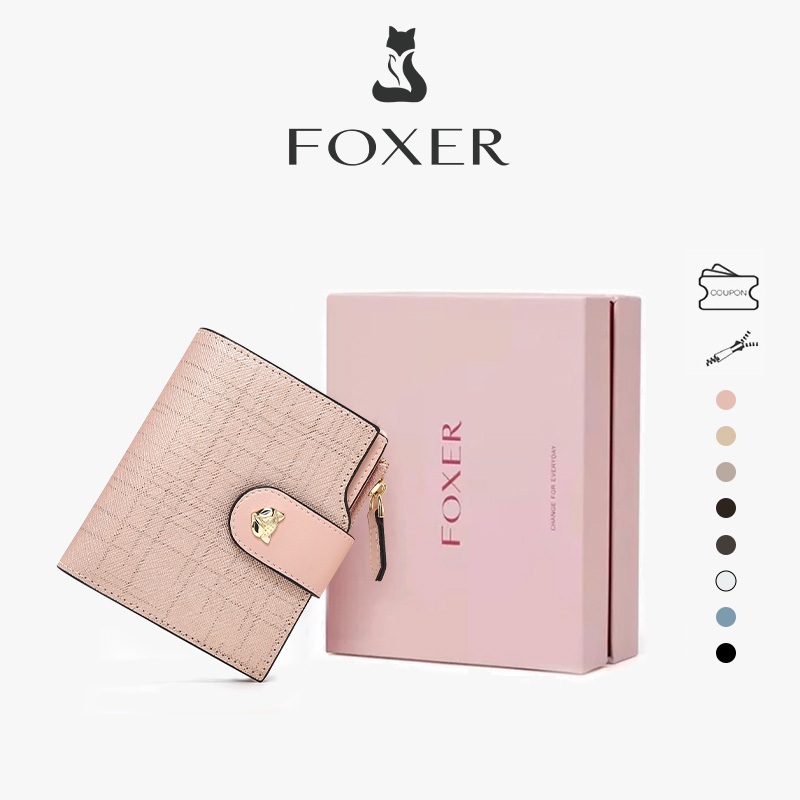 FOXER กระเป๋าสตางค์หนังวัว กระเป๋าสตางค์ใบสั้น ที่ใส่บัตรเครดิต กระเป๋าสตางค์ผู้หญิง