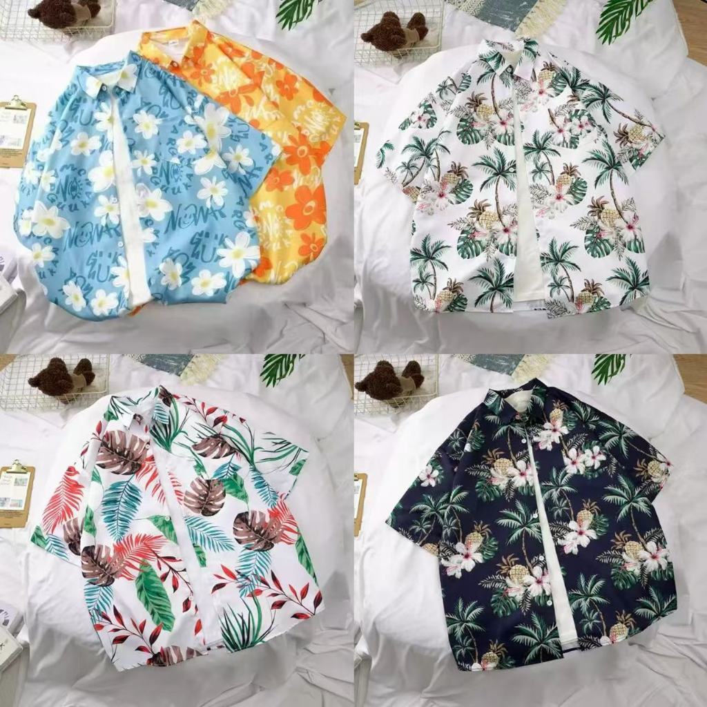 hawaiiเสื้อฮาวาย เสื้อเชิ้ตฮาวายแขนสั้นพิมพ์ลาย เสื้อสงกรานต์ ฮาวายสไตล์เกาหลี ผ้านิ่มใส่สบาย ผ้าระบายอากาศ ไม่จำกัดเพศ