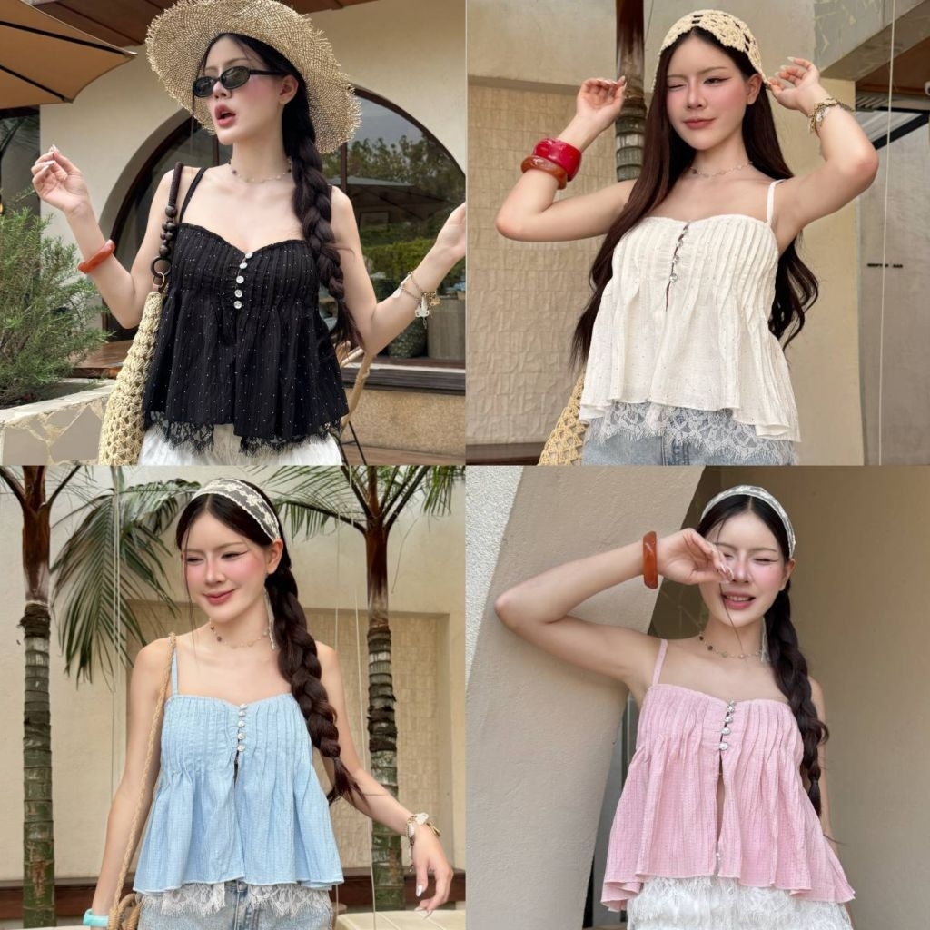 𝗦𝗨𝗚𝗔𝗥 𝗧𝗢𝗣 เสื้อสายเดี่ยวลายเพชรแต่งชายลูกไม้สม็อคหลัง