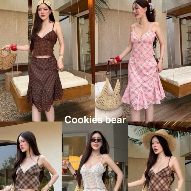 W03 - Cookies Bear 🥨 ชุดเซ็ต 2 ชิ้น สายเดี่ยวผูกหลัง+กระโปรงซิปมีซับในทั้งตัว