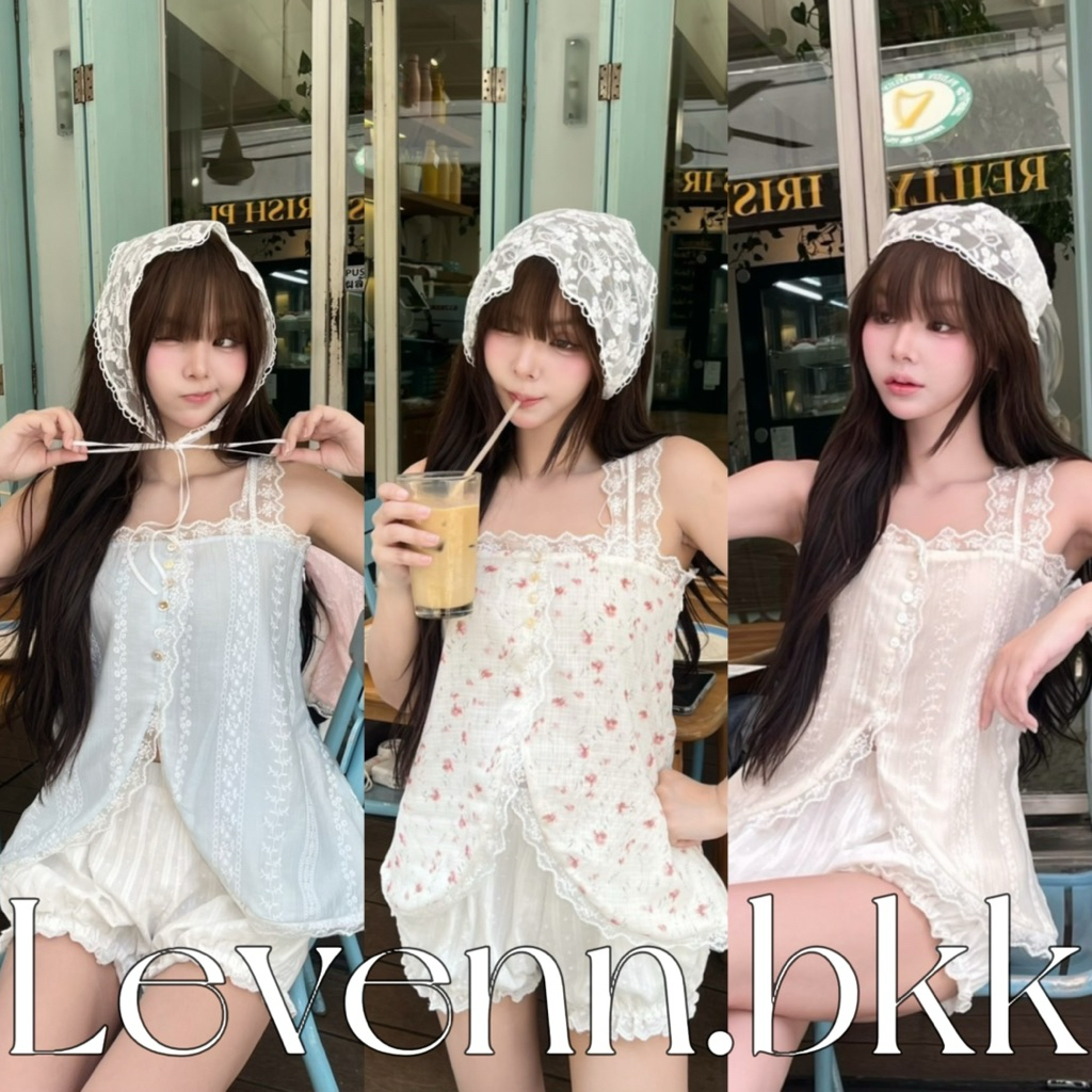 Levenn.bkk • Bunny Top  เสื้อแขนกล้ามลูกไม้(เนื้อผ้าบางแต่มีซับนะคะ) แต่งกระดุม น่ารัก แมทง่าย ผู้หญิง Clothing