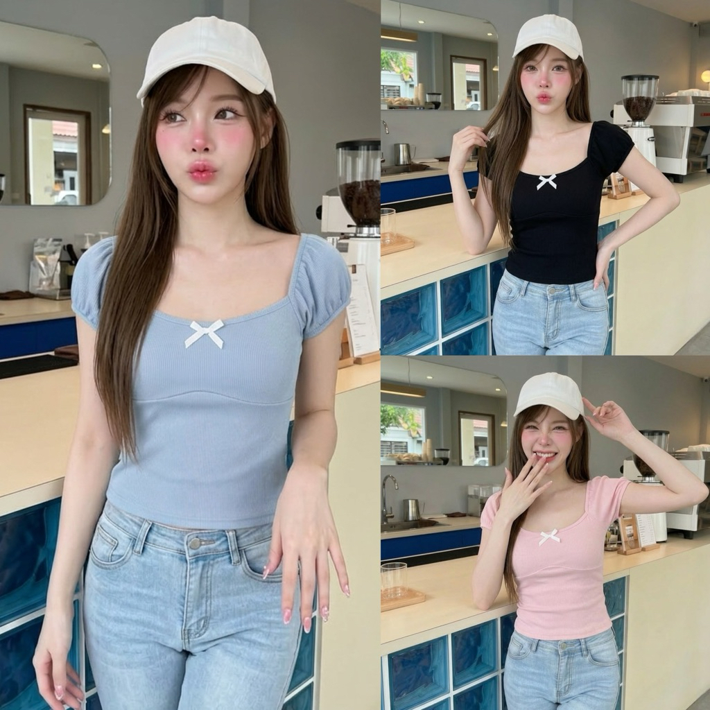 ❤️ Diiz’s ❤️ View 🍓เสื้อคอเหลี่ยม แขนตุ๊กตาจิ๋ว แต่งโบว์จิ๋ว ผ้าร่องเล็ก ผอม-อวบใส่ได้
