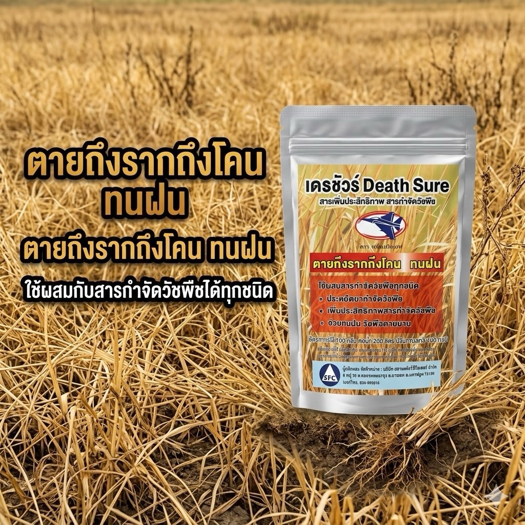 สารเพิ่มประสิทธิภาพยาฆ่าหญ้า หญ้าตายถึงรากถึงโคน ทนฝน ดูดซึมไว ใช้ผสมยาฆ่าหญ้าได้ทุกชนิด เห็นผลไว 100กรัม เดธชัวร์