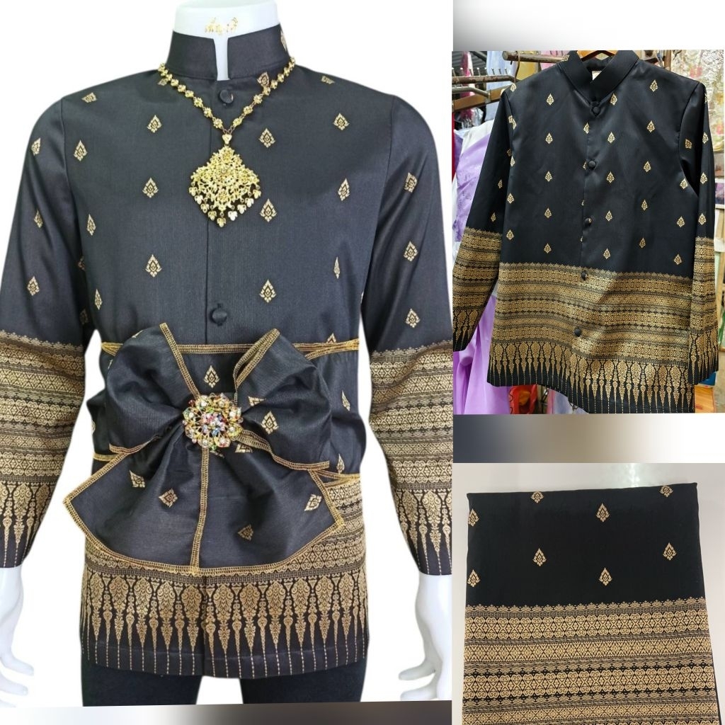 *สีใหม่!! แถมผ้าผูกเอว*เสื้อลายไทยโบราณแขนยาว งานซับในอัดผ้ากาว เสื้อคุณหมื่น Thai traditional Costume