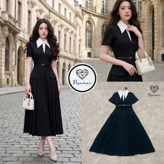 [PISAMAI] เดรสคอปกทูโทนขาวดำตัวยาวมาพร้อมเข็มขัด ผ้าสูทอัดกา…