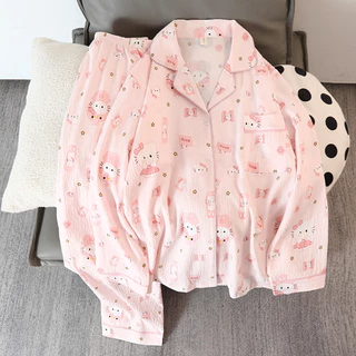 ชุดนอนแขนยาว+กางเกงขายาวHello Kitty สีชมพูคิตตี้ การ์ตูนน่ารัก ผู้หญิง ร้อนฤดูร้อน ผ้าคลุมสบาย CloudFeeling มีไซส์ M-2XL