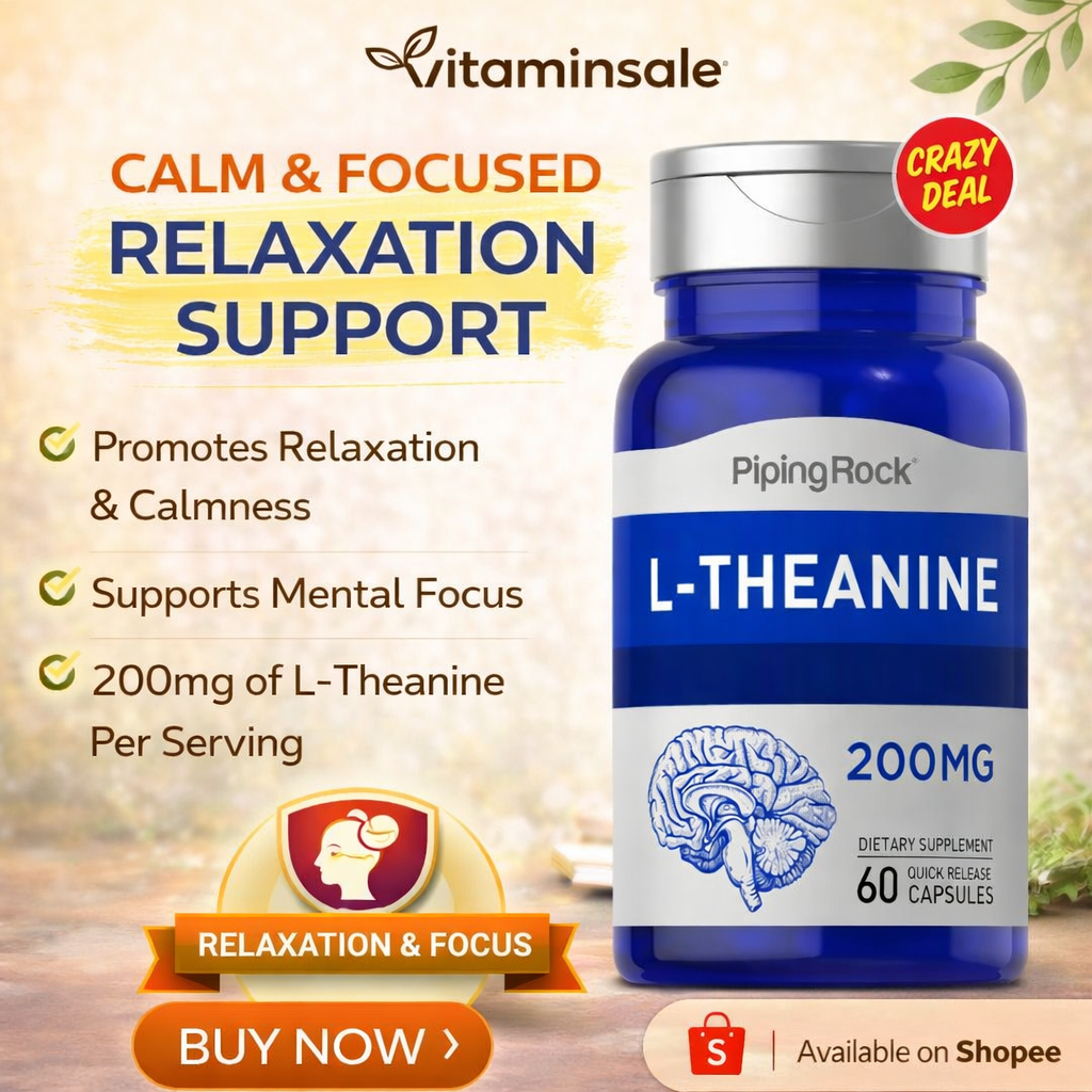 Piping Rock L-Theanine 200mg 60 แคปซูล กรดอะมิโนจากชาเขียว เสริมสมาธิและความผ่อนคลาย