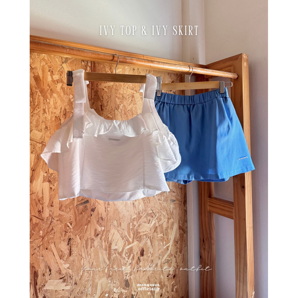 (aunaunn.official) Ivy top & Ivy skirt – เสื้อสายเดี่ยว แขนระบาย ติดโบว์ที่ไหล่ & กระโปรงสั้นทรงเอผ้