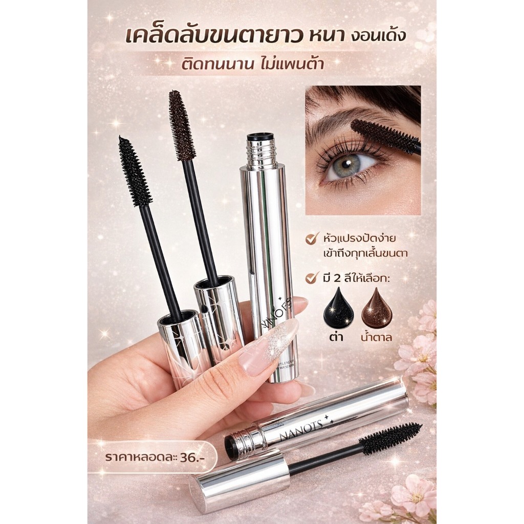 มาสคาร่าหลอดสีเงิน 2 สี ดำ น้ำตาล ดินสอเขียนคิ้ว 3 สี น้ำตาลอ่อน น้ำตาลเข้ม บำรุงขนตาและคิ้ว ให้ดูโดดเด่น