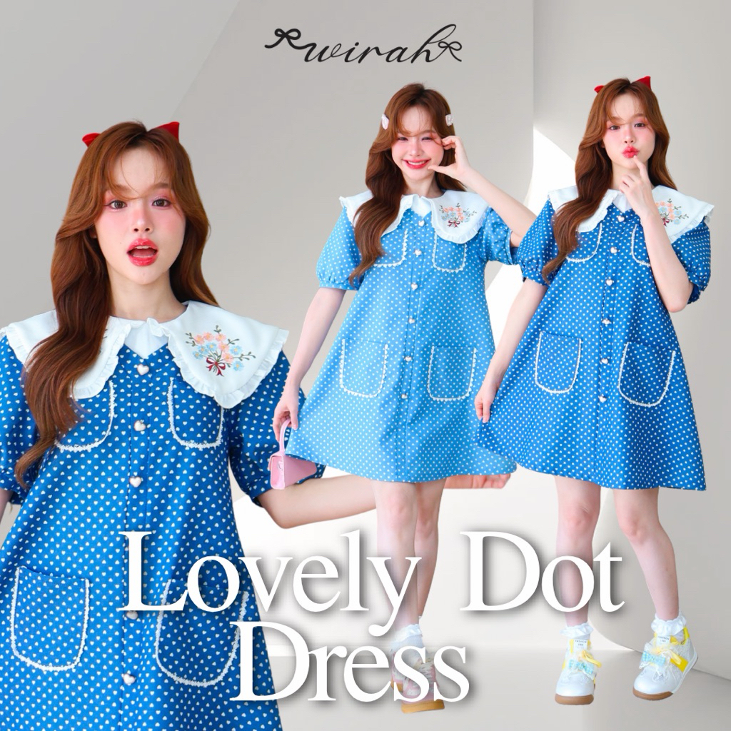 DW218 Lovely Dot Dress ชุดเดรสโพกาดอทลานหัวใจ ผ้าแชมเบรย์เนื้อนิ่มใส่สบาย