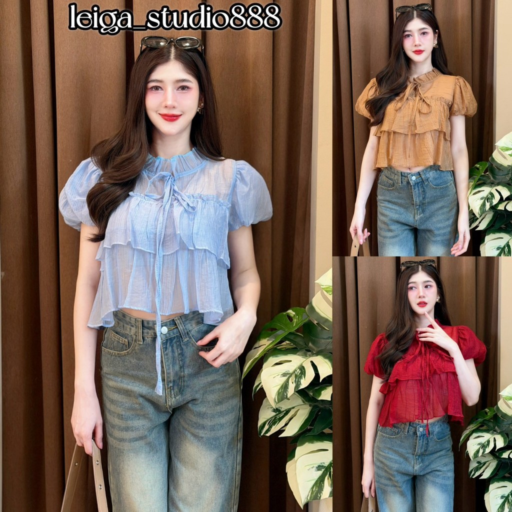 เสื้อแฟชั่น ผ้าโรซี่ คอแต่งระบาย แขนตุ๊กตา ผูกโบว์อก แต่งระบายชั้นๆ ใส่แมท สายคาเฟ่ LG139