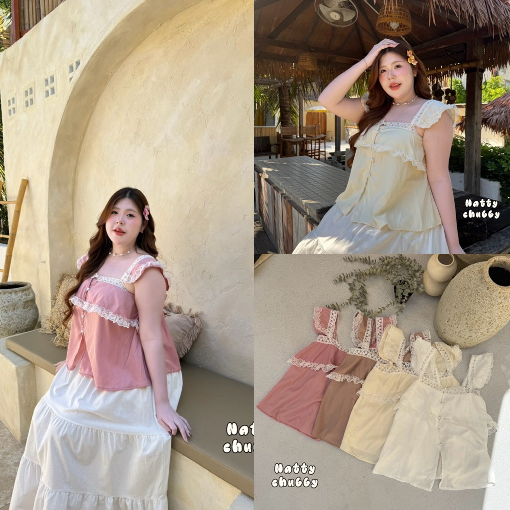 (NT) เสื้อสายเดี่ยว แขนระบาย แต่งลูกไม้จัดเต็ม สวย หวาน ลูกคุณหนูมาก ผ้าใส่สบาย เสื้อผ้าสาวอวบอ้วน พลัสไซส์ ไซส์ใหญ่