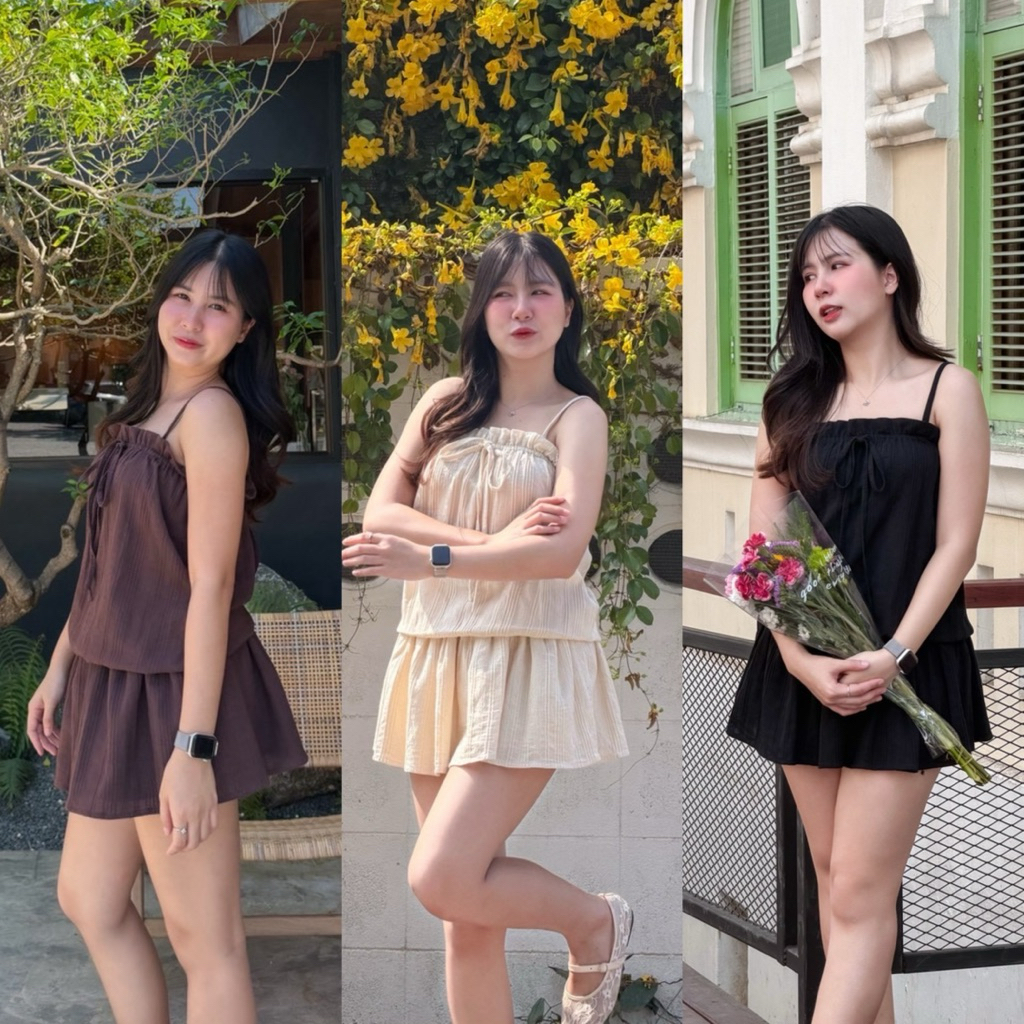 Mabel🐰 มินิเดรสสายเดี่ยวร้อยเชือกผูกโบว์หลังผ้าด็อบบี้ มินิมอล Manee.cotton