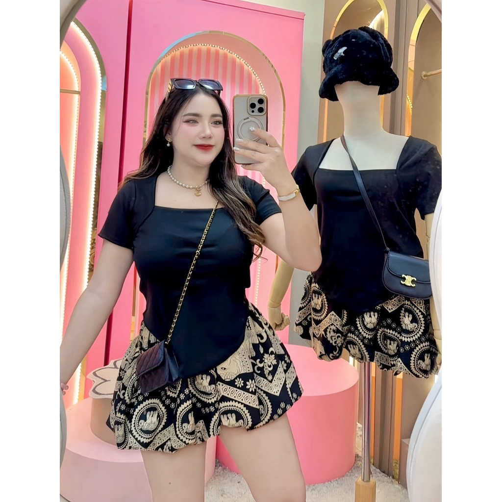 💟SETเสื้อคอเหลี่ยม+กางเกงบอลลูนช้าง💟#สาวอวบ#สงกรานต์