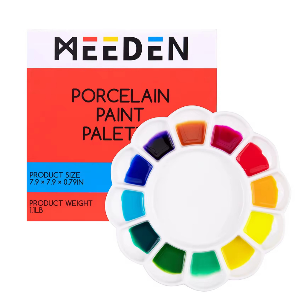 MEEDEN จานสีเซรามิก 12 ช่อง Ceramic Palette ผิวเคลือบพิเศษ ผสมสีง่าย สำหรับสีน้ำ สีอะคริลิค