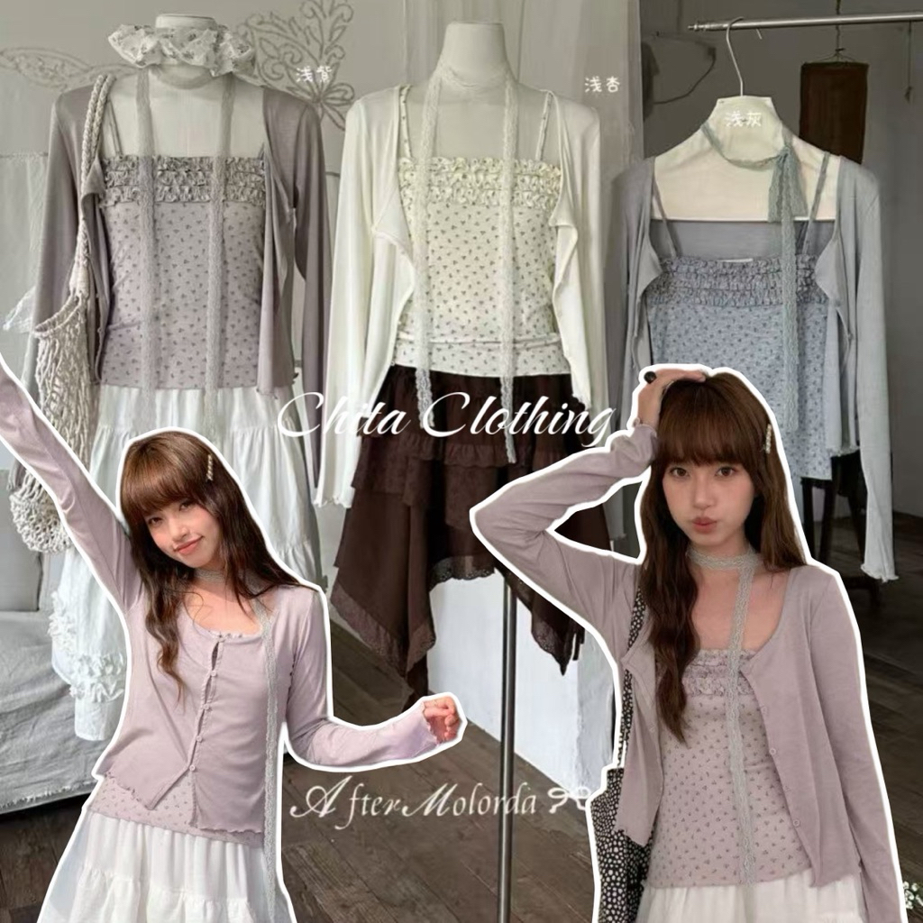 📍พร้อมส่ง📍6031277 Set 3 pcs เสื้อสายเดี่ยว+เสื้อคลุม+ผ้าพันคอ ผ้าลายสวย ผ้ายืดเนื้อดี เนื้อนิ่ม TAG Molorda🇰🇷