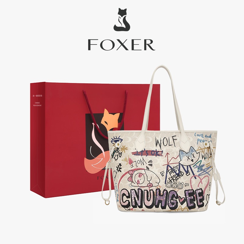 FOXER กระเป๋าถือผู้หญิง ความจุขนาดใหญ่ ลายกราฟฟิตี้ กระเป๋าาถือ Graffiti handbag
