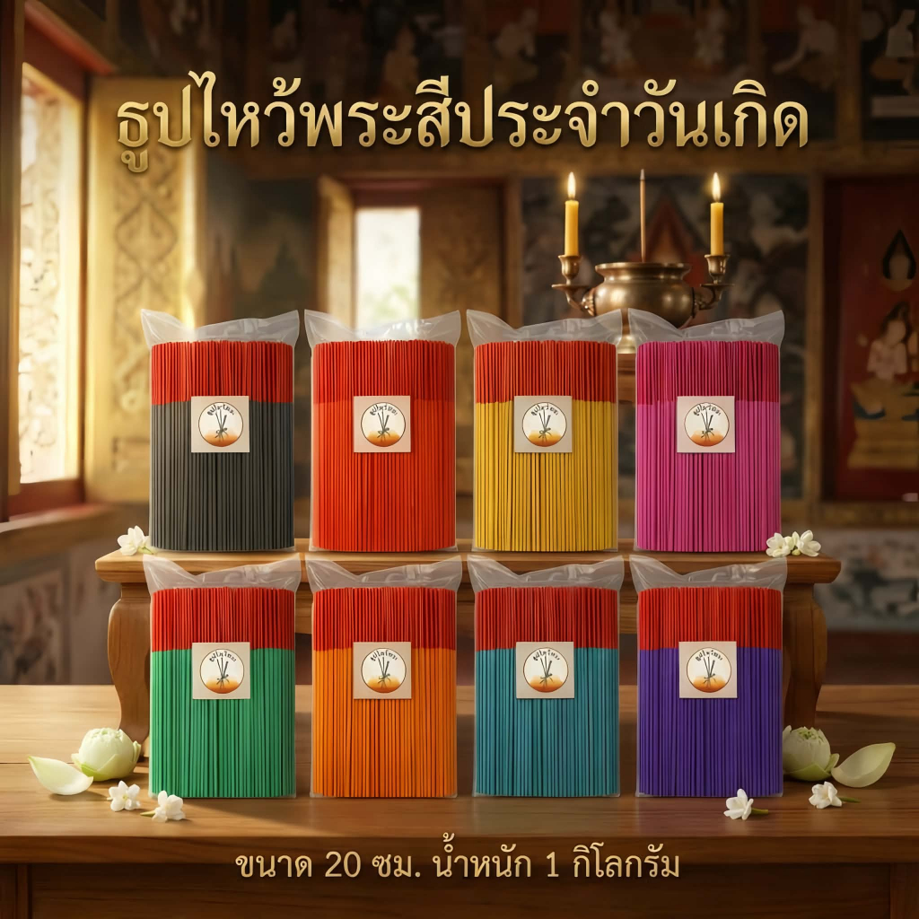 ธูปหอมไหว้พระ ธูปหอมสีประจำวัน ขนาด 20 32 ซม. (น้ำหนัก 1 กิโลกรัม)