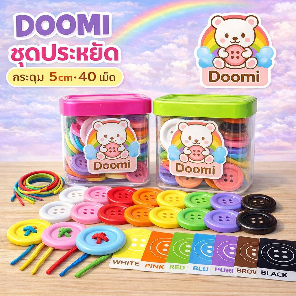 Doomi (ส่งด่วนจากไทย) กระดุมยักษ์ กระปุกเหลี่ยมใส❤️ฟรีการ์ดสี+เชือก ของเล่นเด็ก เสริมพัฒนาการ