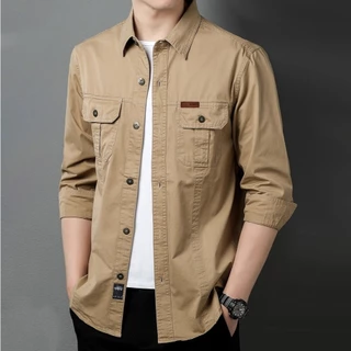 เสื้อเชิ้ตผู้ชายแขนยาว ผ้าคอตตอน ทรงพอดี กระเป๋าคู่ สไตล์ลำลอง ใส่ทำงานหรือเที่ยวได้ หลายสี[COD]