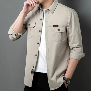 เสื้อเชิ้ตผู้ชายแขนยาว ผ้าคอตตอน ทรงพอดี กระเป๋าคู่ สไตล์ลำลอง ใส่ทำงานหรือเที่ยวได้ หลายสี[COD]