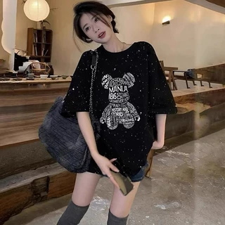 เสื้อยืดวินเทจทรงหลวมสำหรับผู้หญิง oversize เสื้อผ้าสาวอวบคนอ้วนไซส์ใหญ่ พิมพ์ลายประดับเลื่อม แฟชั่นเกาหลี กําลังฮิตใหม่