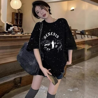 เสื้อยืดวินเทจทรงหลวมสำหรับผู้หญิง oversize เสื้อผ้าสาวอวบคนอ้วนไซส์ใหญ่ พิมพ์ลายประดับเลื่อม แฟชั่นเกาหลี กําลังฮิตใหม่